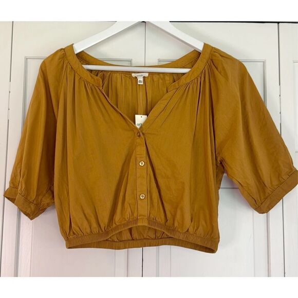 Aerie NWT mustard yellow cropped puff sleeve blouse XS - Picture 2 of 8